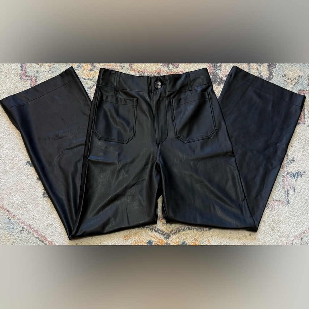 Maeve Anthropologie Women's 29T Colette Wide Leg Faux Leather Pants Black